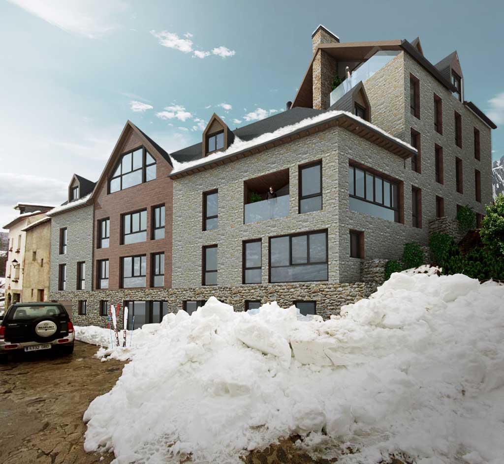 EDIFICIO CASA MINGARRO. Edificio de 25 viviendas, garajes y trasteros en la calle Aguas Limpias de Sallent de Gallego (Huesca).